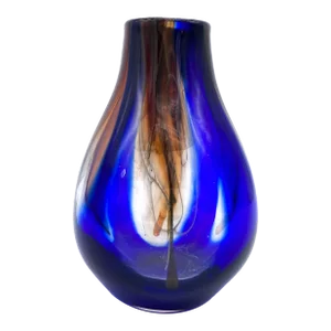 Contemporary Signed Cobalt Blue and Brown Swirl Hand Blown Glass Vase