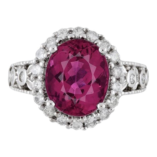 Gia Certified 5.52 Carat Rubellite and Diamond Halo in Filigree Setting Ring Size 7 For Sale