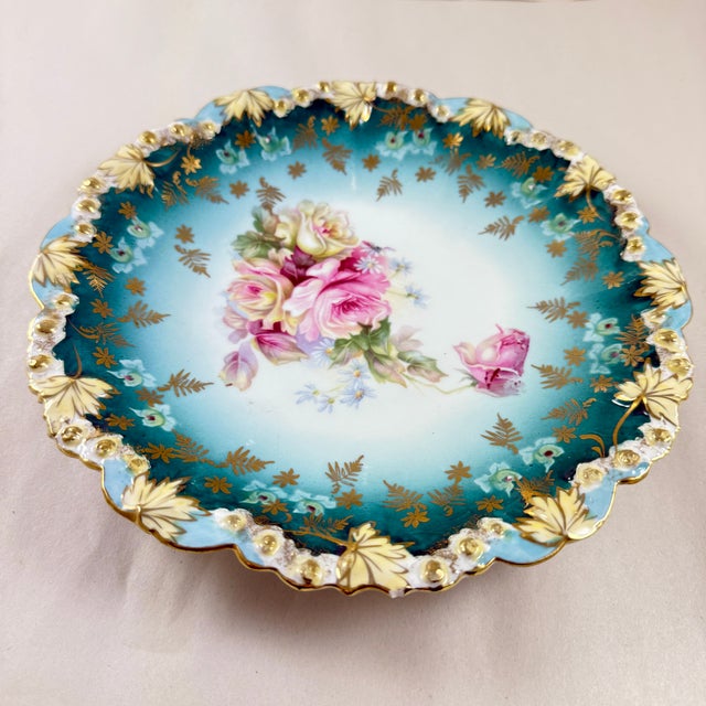 1900 - 1909 1900s Bohemia Porcelain Teal Blue Gilded Rose Plate For Sale - Image 5 of 8