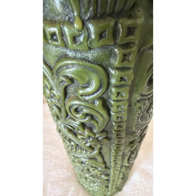 Olive Vintage 60s-70s Carved Dk Olive Green Pillar Candle For Sale - Image 8 of 9
