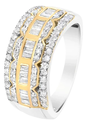 10K White and Yellow Gold 1.00 Cttw Baguette and Round cut Diamond Art Deco Multi-Row Ring Band (I-J EVS1010