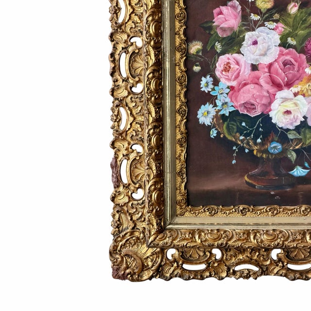 Wood Early 20th Century Ornate Gilt Rococo Style Frame With Floral Still Life Painting For Sale - Image 7 of 12