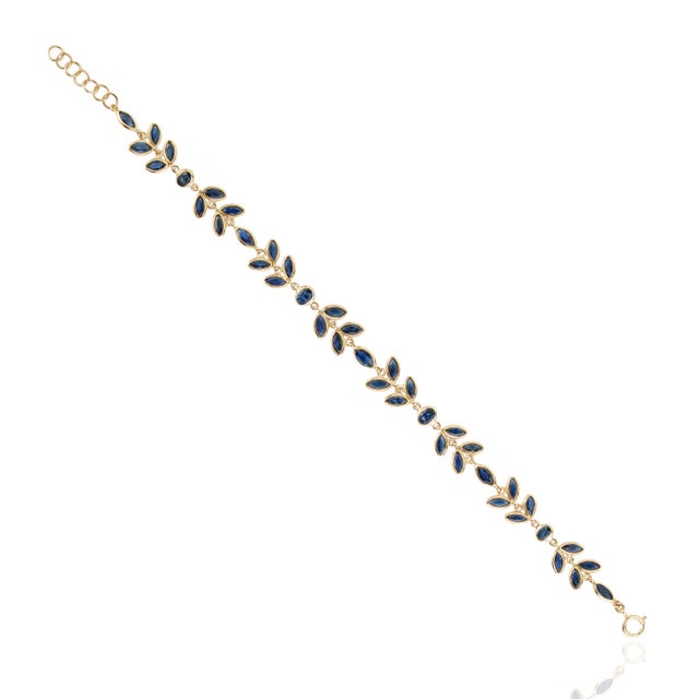 Metal 14k Yellow Gold 7.01ct Marquise Blue Sapphire Vine Leaf Link Bracelet For Sale - Image 7 of 17