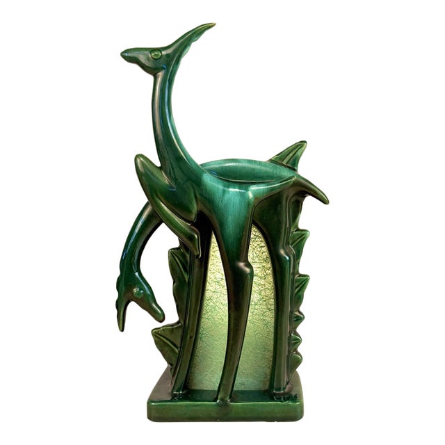Mid-Century Abstract Art Deco Green Ceramic Gazelle Tv Lamp For Sale