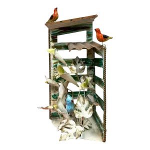 Hollywood Regency Italian Tole Metal Bluebird Birdhouse Sculpture W/ Flowers