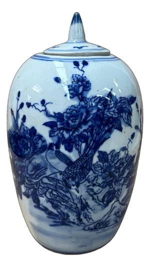 Oriental Flowers Graphic Blue White Point Lid Oval Porcelain Jar