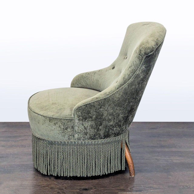 Traditional Vintage Green Velvet Lounge Chair With Button-Tufted Back and Fringe Skirt For Sale - Image 3 of 7