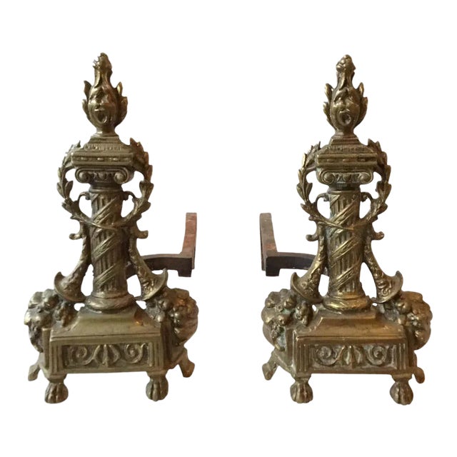 1920s Antique Brass Ornate Andirons For Sale