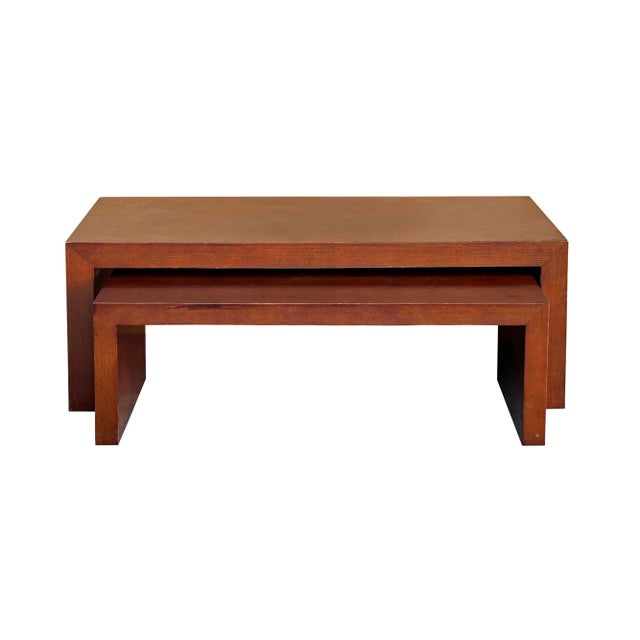 Set of 2 Simple Plank Wood Brown Rectangular Coffee Table Stand For Sale - Image 4 of 5
