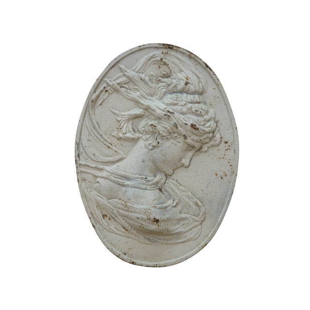 Neoclassical Cast Iron Neoclassical East Wind Goddess Bas Relief Cameo Wall Plaque 13" For Sale - Image 3 of 9
