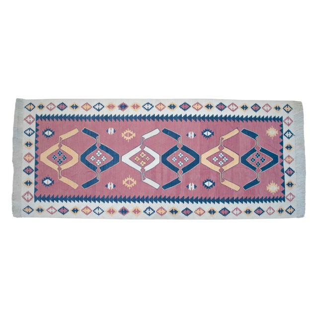 3x7 Pink Navy Silk Kilim, Modern Turkish Flatweave Runner, Handwoven Entryway Corridor Rug, Geometric Tribal Runner For Sale - Image 11 of 18