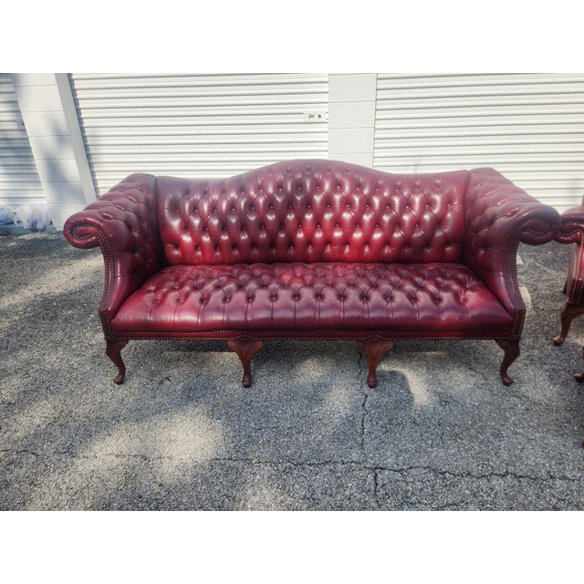 Vintage Carolina Leather House Oxblood Tufted Chesterfield Sofa, Wingback Chair & Ottoman - 3 Piece Set For Sale - Image 16 of 18