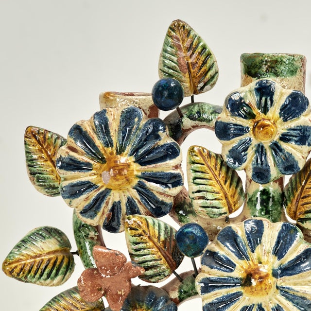 Ceramic Antique Spanish Terra Cotta Candelabra With Flowers For Sale - Image 7 of 11