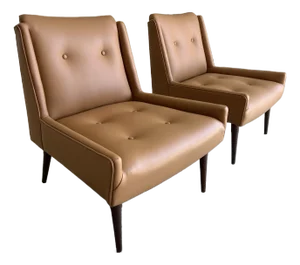Mid Century Modern Lounge Chairs Newly Upholstered in Tan Leather - A Pair