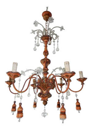 Italian Carved Genovese Wood Tassels Crystal Chandelier, Circa 1900