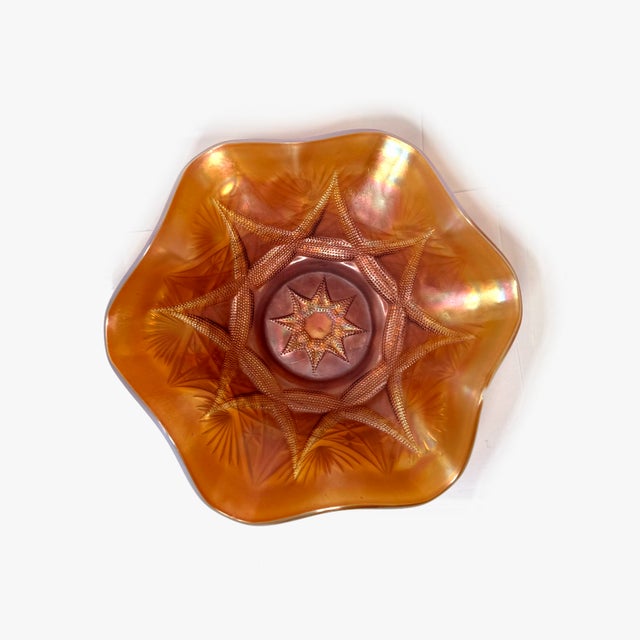 Peach Vintage Dugan Ski Star Peach Opalescent Carnival Glass Ruffled Bowl For Sale - Image 8 of 8