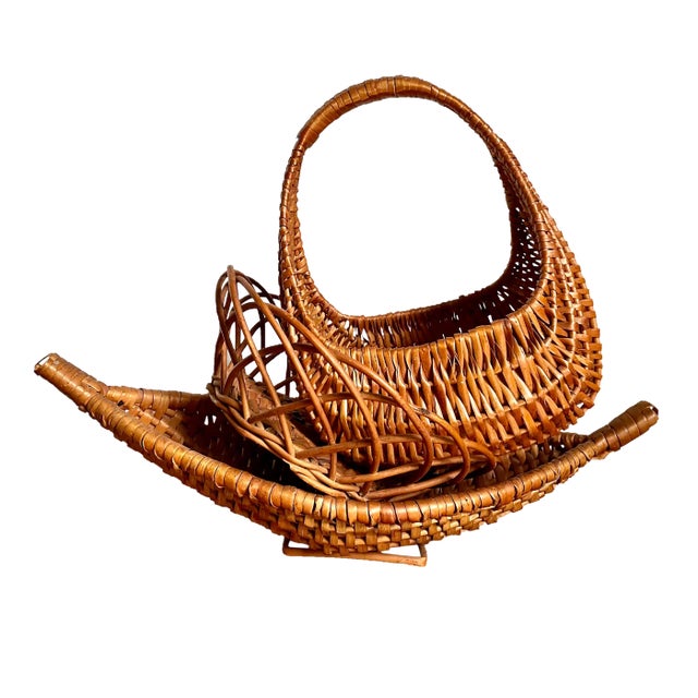 Vintage Boho Woven Rattan Wicker Basket Set of 3 For Sale