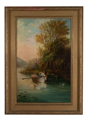 Early 20th Century River Boat Rustic Landscape Painting, Framed