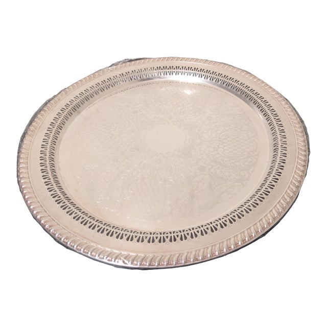 Vintage Leonard Hollywood Regency Pierced Silverplate 15" Chased Round Platter For Sale