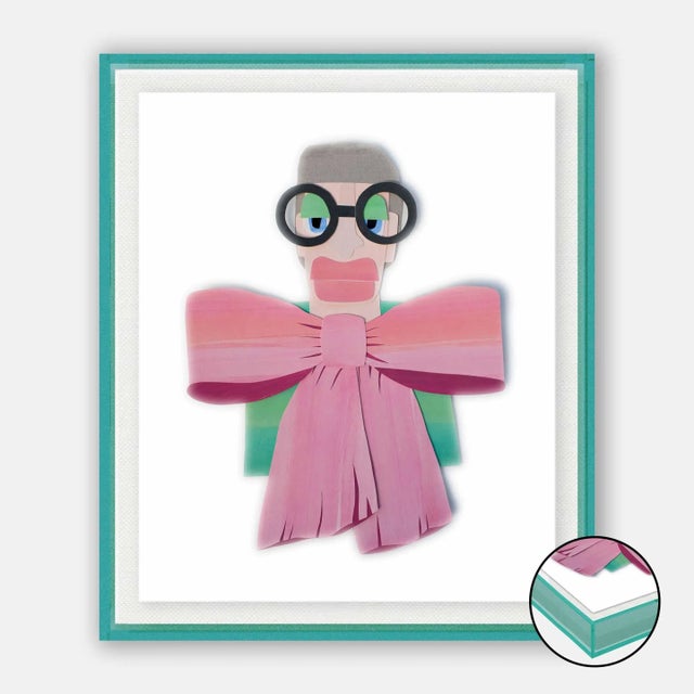 Contemporary Iris with Big Pink Bow by Melvin G in Turquoise Acrylic Shadow Box, Small Art Print For Sale - Image 3 of 3