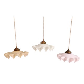 Vintage Art Deco Pendant Lights in Scalloped Colored Opaline Glass, 1920s, Set of 3 For Sale