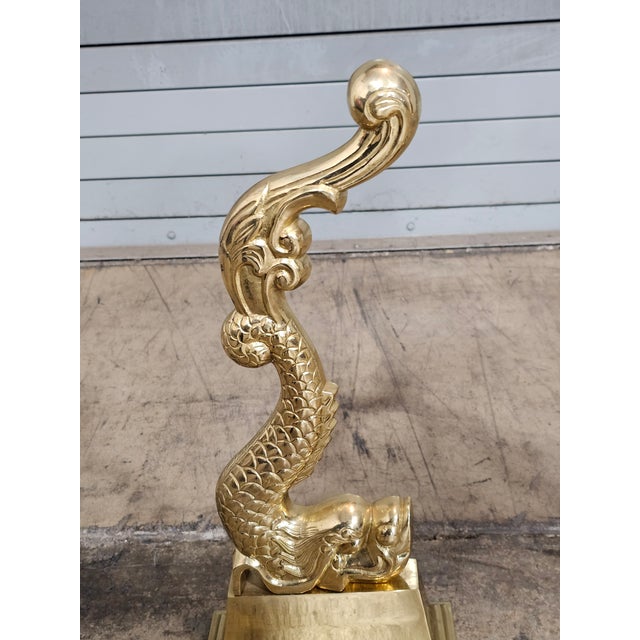 Metal Late 20th Century Virginia Metalcrafters Pair of Brass Dolphin Andirons For Sale - Image 7 of 13