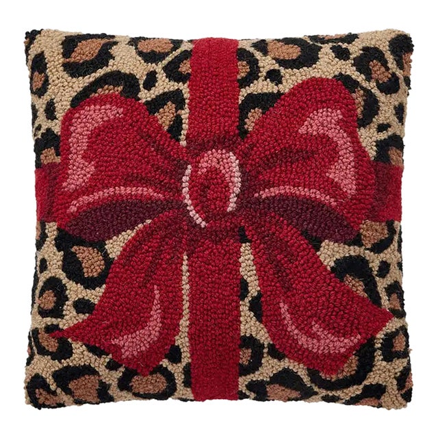 Leopard & Red Bow Present Holiday Pillow For Sale