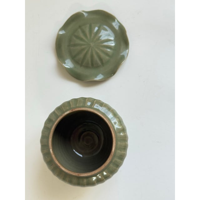 Celadon Modern Longquan-Style Celadon Glazed Covered Jar With Lotus Lid For Sale - Image 8 of 8
