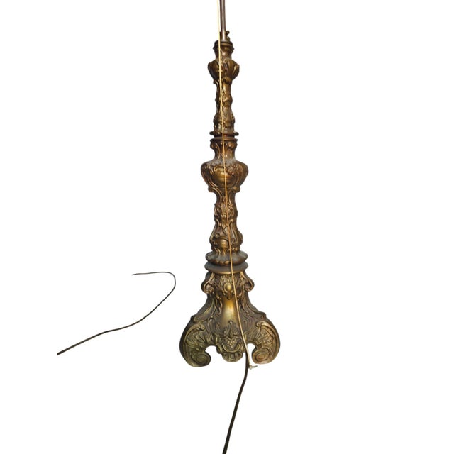 Gold Vintage Table Lamp with Ornamental Brass Base and Leather Shade, 1955 For Sale - Image 8 of 13