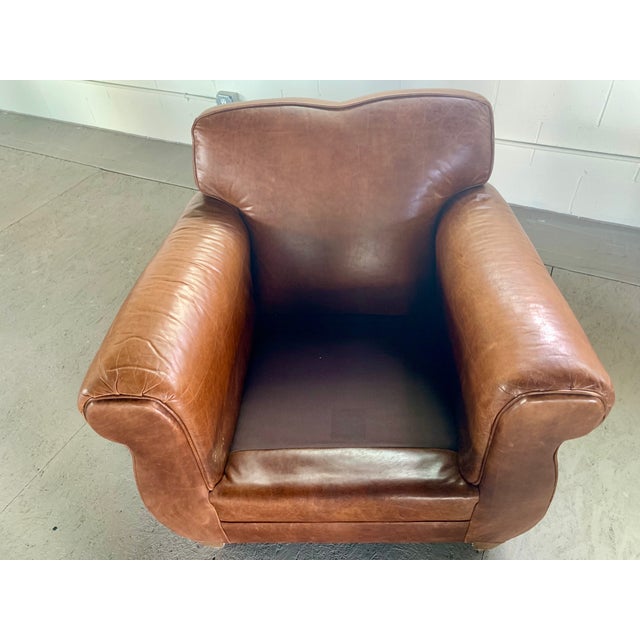 Pair of Leather Club Chairs, French Art Deco-Style, Classic Distressed Brown Leather, "Mustache" Back For Sale - Image 10 of 13