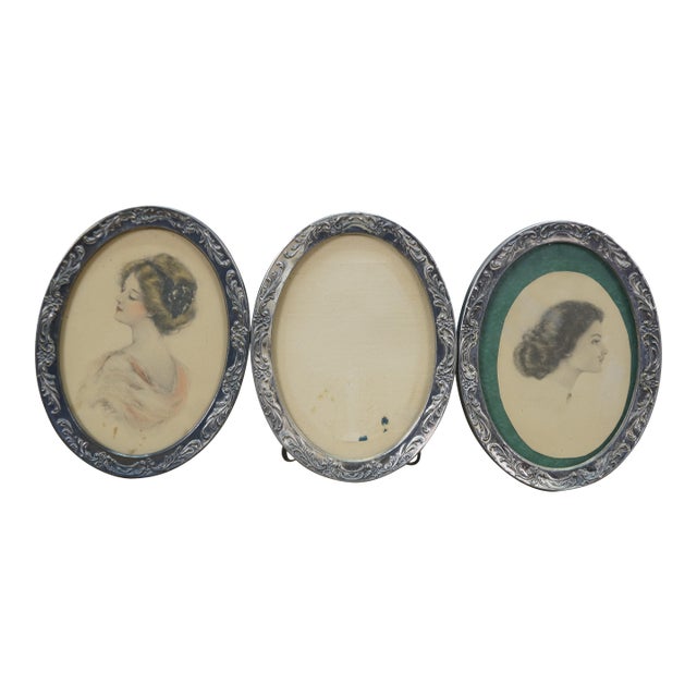 3 Antique Oval Silver Plated Wall Hanging & Tabletop Picture Frames 6" For Sale