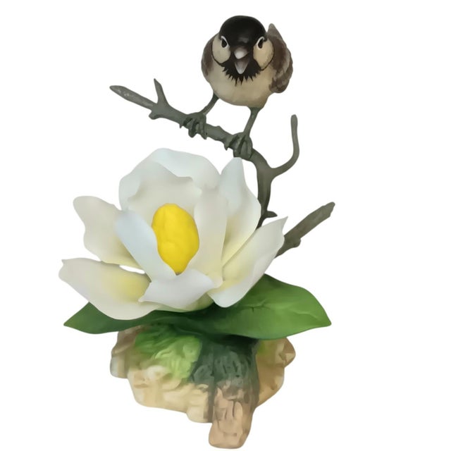 Traditional Rare Andrea by Sadek White Magnolia With Chickadee Porcelain Figurine With Box For Sale - Image 3 of 18
