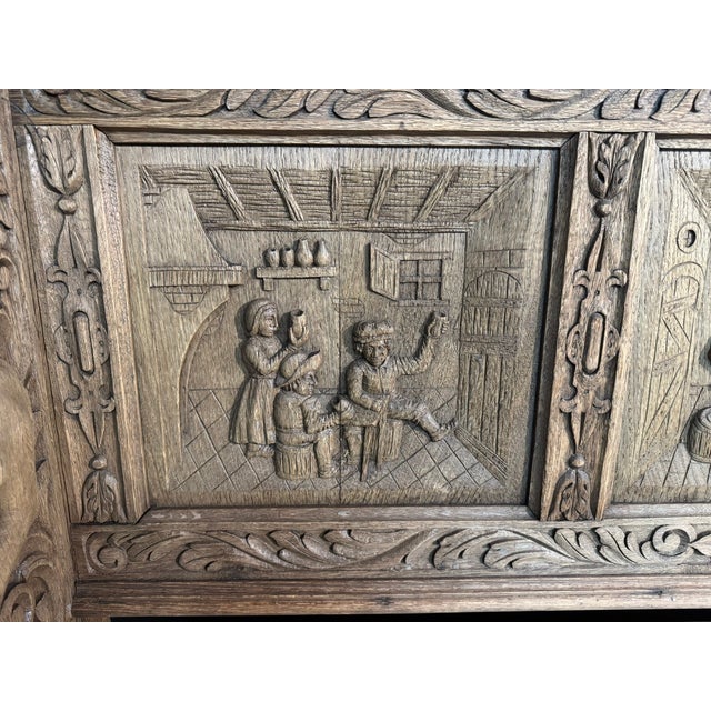 19th Century Antique French Carved Oak Bench with Tavern Scene, 1850 For Sale - Image 5 of 18