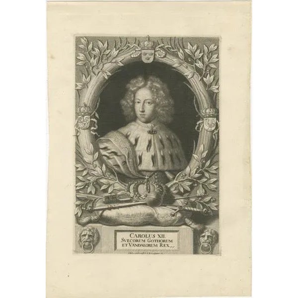 This is an original antique print that features an intricate engraving from 1698, depicting charles xi, the king of...