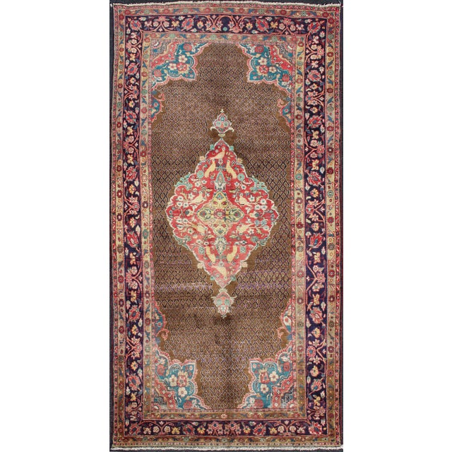Camel Hair Vintage Persian Serab Rug in Brown, Red, Turquoise and Dark Blue For Sale - Image 13 of 13