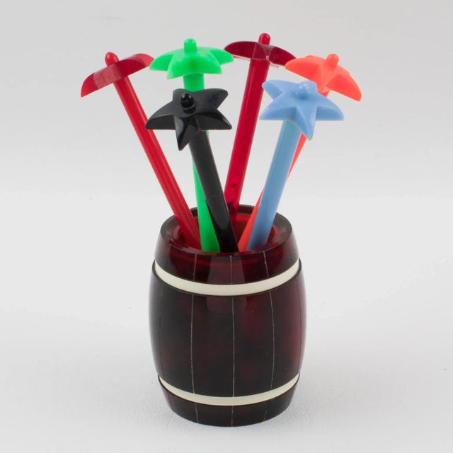 Mid-Century Modern Barware Cocktail Set Tortoise Lucite Barrel and Multicolor Stirrers For Sale - Image 3 of 8
