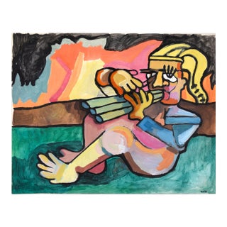 Blonde Triple Flute Player - Abstract Expressionist Oil Painting by Michael Eggleston For Sale