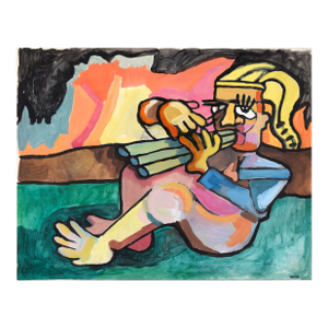 Blonde Triple Flute Player - Abstract Expressionist Oil Painting by Michael Eggleston