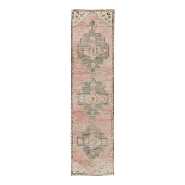 Pink Turkish Oushak Runner With Medallion Design With Gray and Lt Green 3'0'' X 11'4'' For Sale