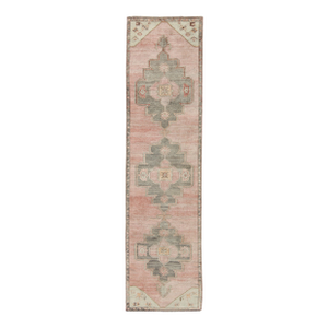 Pink Turkish Oushak Runner With Medallion Design With Gray and Lt Green 3'0'' X 11'4''