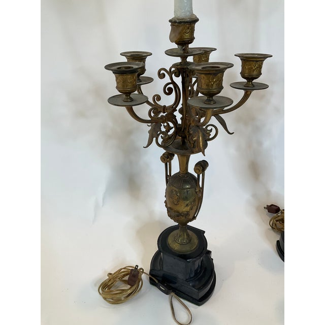 Metal Vintage Brass and Marble Candelabra Pair of Lamps With Rotating Ball For Sale - Image 7 of 8