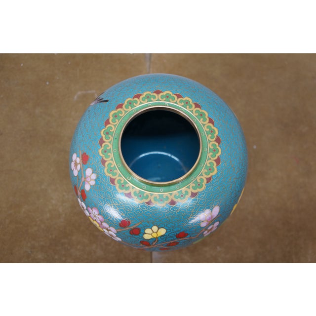 Early 20th Century Antique Chinese Brass Cloisonne Enamel Cherry Blossom Ginger Jar Vase Urn 7" For Sale - Image 5 of 16