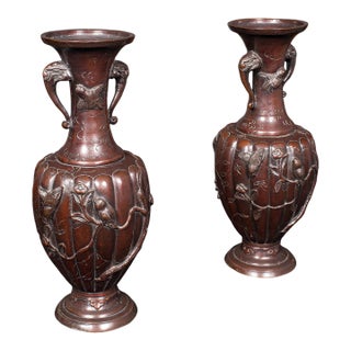 Pair of Antique Stem Vases, Japanese, Bronze, Meiji Era, Baluster Urn, Victorian For Sale