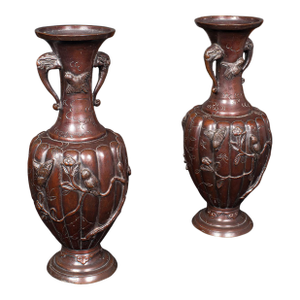 Pair of Antique Stem Vases, Japanese, Bronze, Meiji Era, Baluster Urn, Victorian