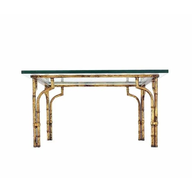 Vintage Mid Century Gilt Metal Faux Bamboo Thick Glass Top Square Coffee Table For Sale - Image 4 of 7