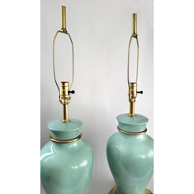 Metal Lamps Pair Turquoise Porcelain & Brass Ginger Jar Shape For Sale - Image 7 of 12
