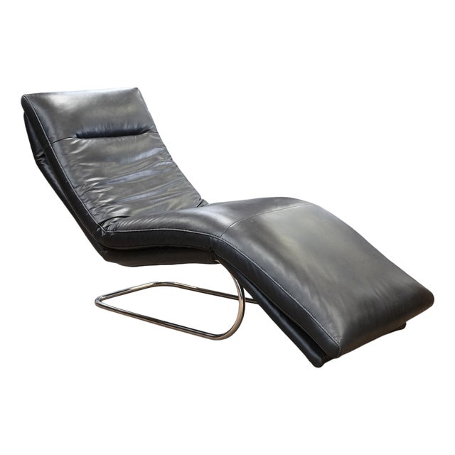 W. Schillig Daily Dreams Black Leather & Chrome Cantilever Chaise Lounge Chair For Sale