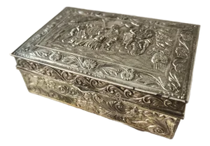Early 20th Century Antique Silverplate Lidded Box With Embossed Victorian Scene