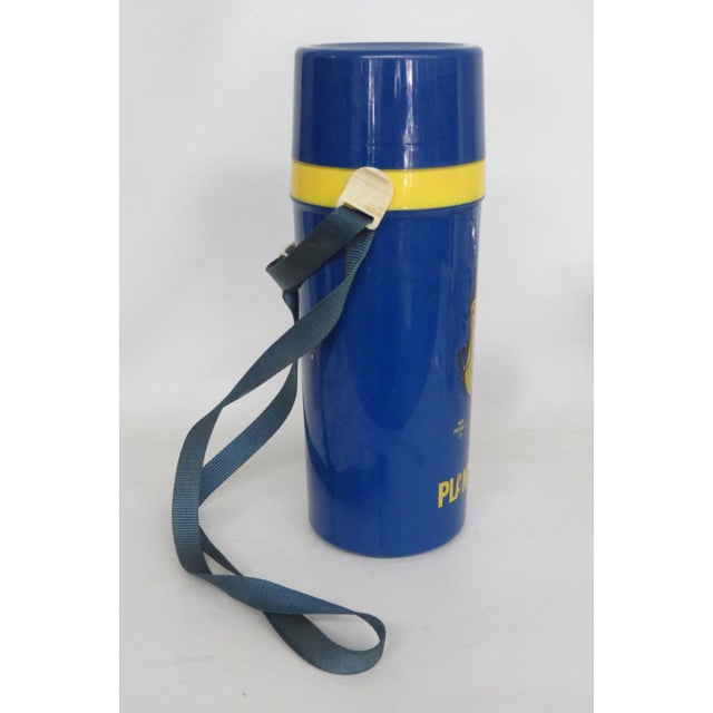 1970s Mr Peanut Aladdin Blue Yellow Plastic Thermos Travel Mug With Strap 5120b For Sale - Image 4 of 17