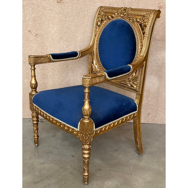 French Pair of Louis XVI Style Giltwood Armchairs With Blue Klein Velvet For Sale - Image 3 of 13